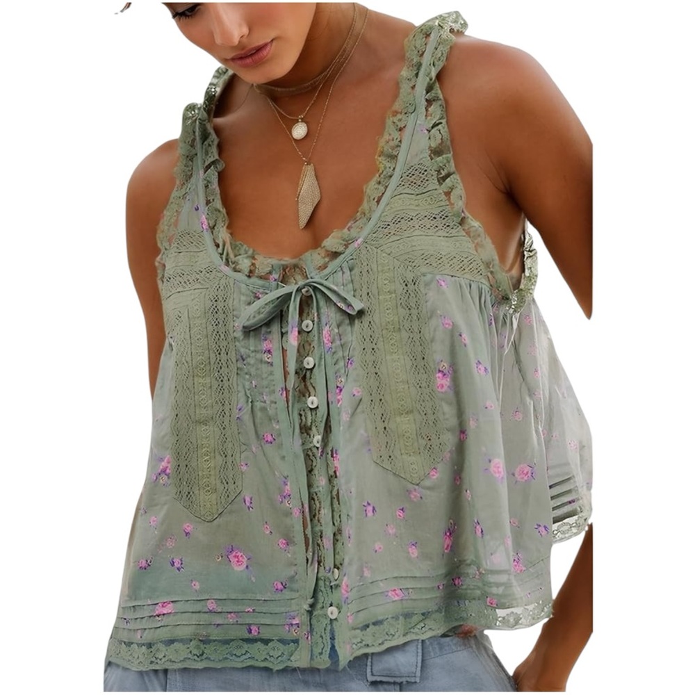 New FREE PEOPLE Forevermore Sheer Lace Floral Print Top Meadow Green Sz L - Picture 6 of 15